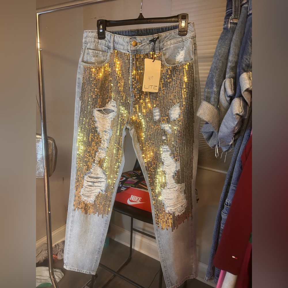 Gold and Blue Skinny Jeans with Distressed Details